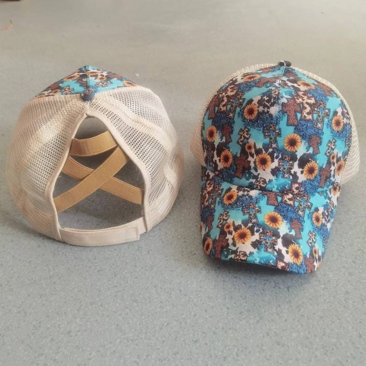 Wholesale Printed frayed edge cross ponytail baseball cap